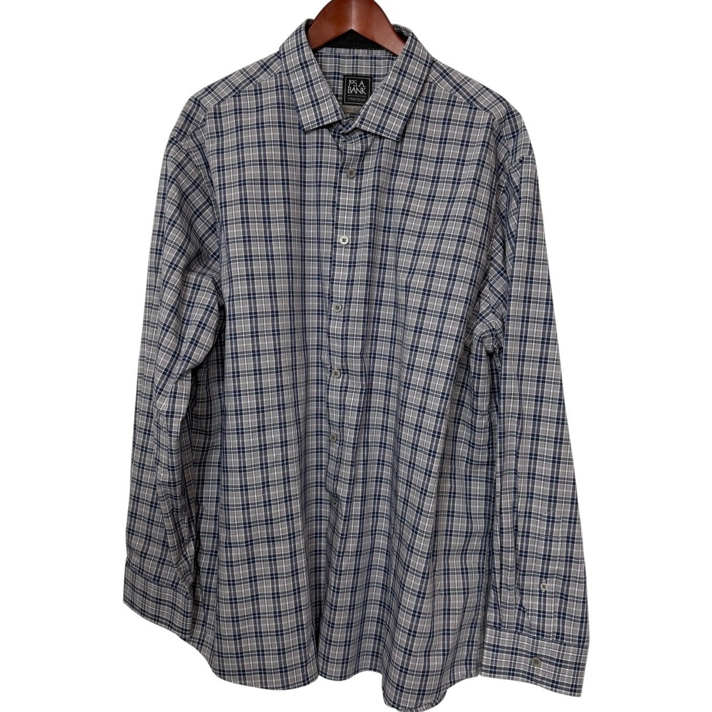 Jos A Bank Traveler TravelTech Mens XXL Tailored Fit Blue Gray Plaid Shirt